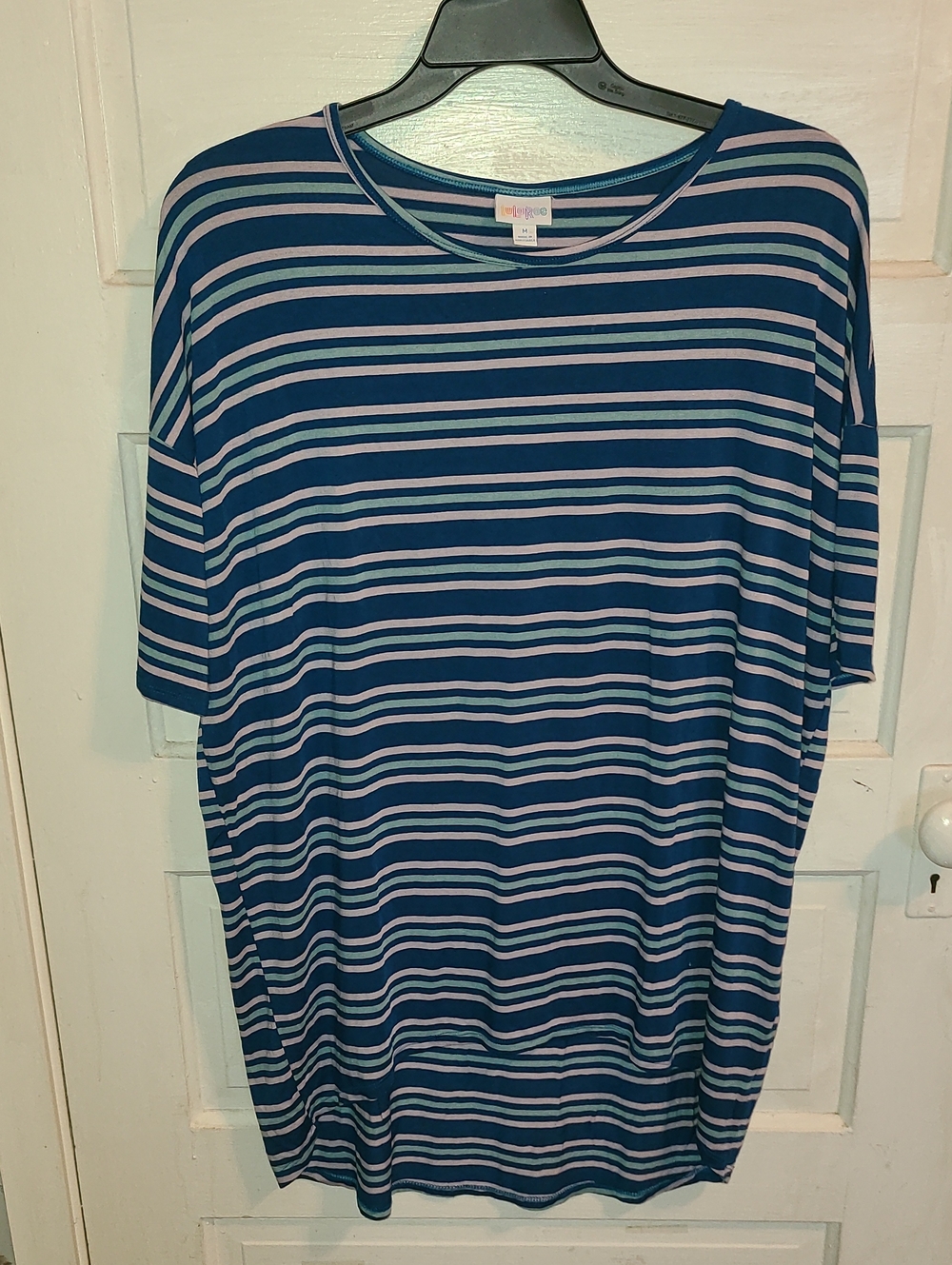 LuLaRoe Navy and Light Blue Striped Short Sleeve Tee
